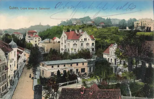 AK Guben Grüne Wiese Sanssouti Brandenburg 1914 gelaufen Postkarte