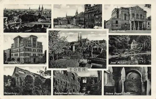 AK Eger Cheb Collage Theater Ringstraße Kaiserburg Böhmen 1939 Postkarte