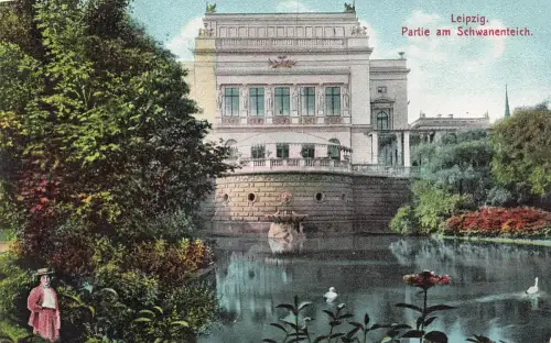 AK Leipzig Schwanenteich Stadttheater Sachsen 1908 gelaufen Postkarte