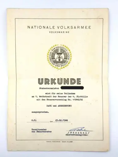 DDR Urkunde Teilnahme 1. Wettstreit 4. Flottille Stabsobermeister 1966