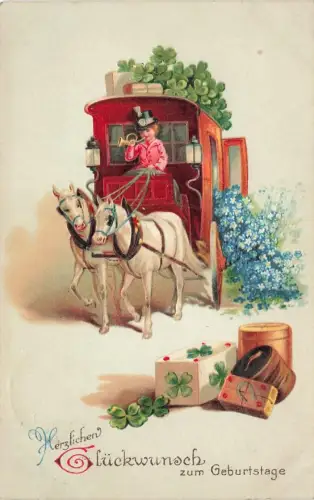 AK Geburtstag Herzlichen Glückwunsch Frau Kutsche Glückssymbole 1915 geprägt
