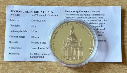 Medaille Frauenkirche in Dresden vergoldet 2009 PP