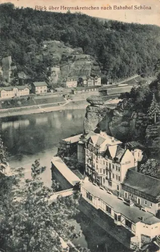 AK Herrnskretschen Ortsansicht Bahnhof Schöna Böhmen 1913 Postkarte