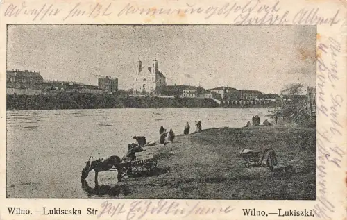 AK Wilno Lukiszki Vilnius Flussufer Pferdewagen Litauen 1916 gelaufen Postkarte