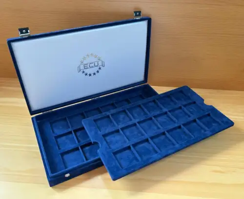 Leer Etui blau Samt Münzbox ECU mit Auflage