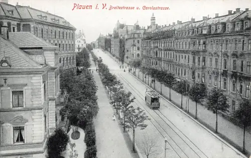 AK Plauen Breitestraße Carolastraße Straßenbahn Sachsen Vogtland Postkarte