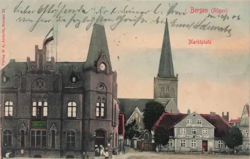 AK Bergen Postamt Marktplatz Kirche Mecklenburg-Vorpommern Rügen 1906 Postkarte