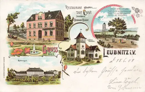 AK Leubnitz Restaurant zur Post Rittergut Sachsen Vogtland 1901 Postkarte Litho