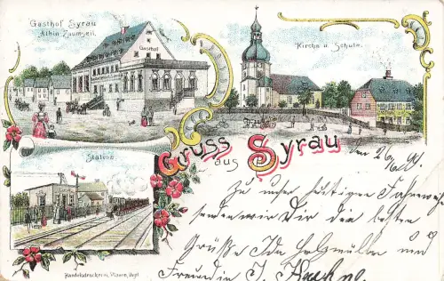 AK Syrau Gasthof Station Kirche Schule Sachsen Vogtland 1899 Postkarte Litho