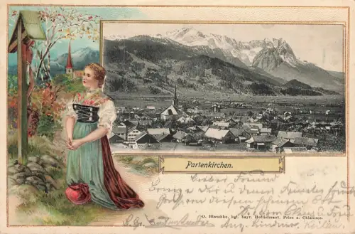AK Partenkirchen Garmisch Zugspitze Frau in Tracht Bayern 1906 Postkarte geprägt