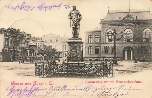 AK Forst Gymnasialplatz Bismarckdenkmal Brandenburg Niederlausitz 1900 Postkarte