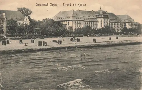 AK Ostseebad Zoppot Strand Kasino Pommern 1928 gelaufen Postkarte