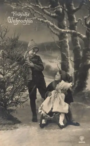 AK Weihnachten Fröhliche Weihnachten Kinder Schnee Schlitten 1927 Postkarte