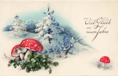 AK Neujahr Viel Glück Glückssymbole Winterlandschaft Schnee Postkarte