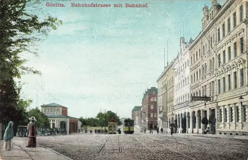 AK Görlitz Bahnhofsstraße Bahnhof Hotel zur Eisenbahn Sachsen 1910 Postkarte