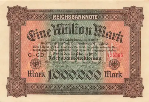 1 Million Mark 20.2.1923 Reichsbanknote DEU-96a fast Kassenfrisch