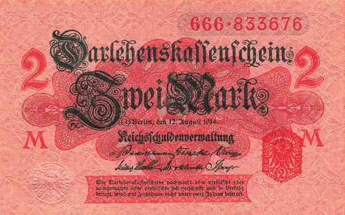 2 Mark Darlehnskassenschein 12.8.1914, DEU-60 Siegel rot Kassenfrisch/UNC
