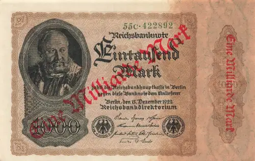 Reichsbanknote 1 Milliarde Mark Überdruck auf 1000 Mark vom 15.12.1922 DEU-126