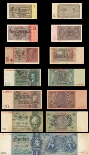 7 x Reichsbanknoten 1 Rentenmark 1937 bis 100 Reichsmark 1935 Konvolut