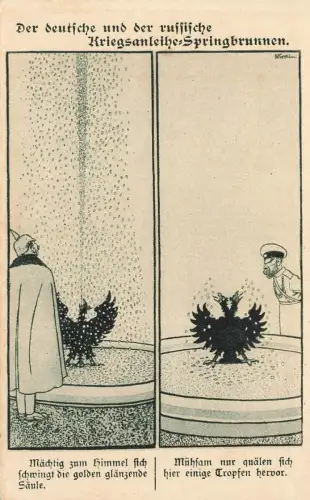 AK 1.WK Deutschland vs Russland Kriegsanleihe Springbrunnen Karikatur Patriotika