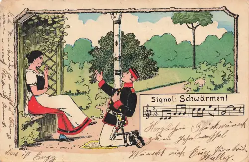 AK 1. Soldat Liebesszene Signal Schwärmen Liebe 1908 Patriotika Postkarte