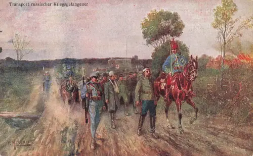 AK 1. WK Transport russischer Kriegsgefangener Soldaten Pferde 1915 Patriotika