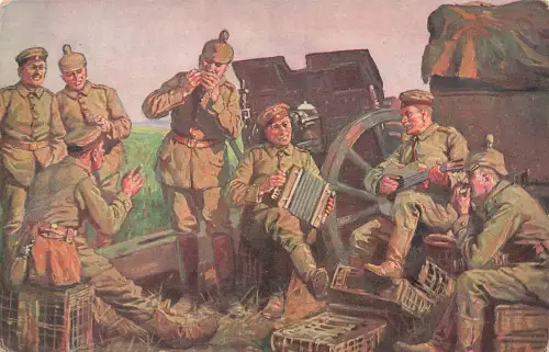 AK 1. Die Künstler der Batterie Soldaten musizieren Feldlager 1918 Patriotika