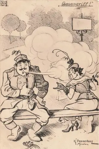 AK 1.WK Gasangriff Karikatur Humor 1918 Patriotika Feldpostkarte K. Pommerhanz