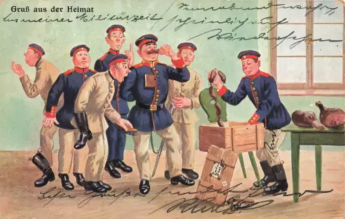 AK 1.WK Gruß aus der Heimat Humor Soldaten Wurst Essen 1912 Patriotika
