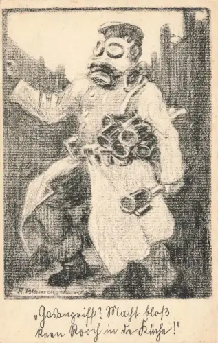 AK 1.WK Gasangriff Macht bloß kaan Roch i da Küche Gasmaskendose Patriotika