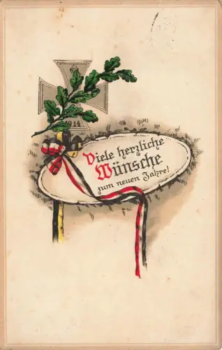 AK 1.WK Neujahr Eisernes Kreuz Viele Herzliche Wünsche 1915 Patriotika Postkarte