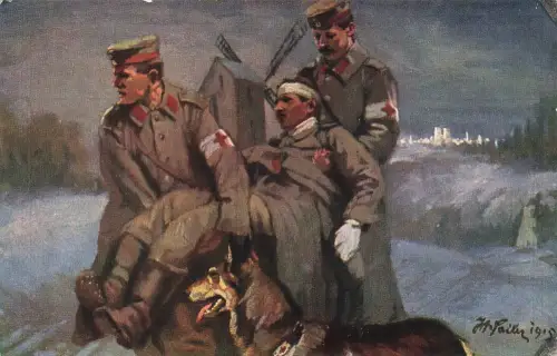 AK 1.WK Sanitäter Verwundetentransport Feldlazarett Helferhund Patriotika