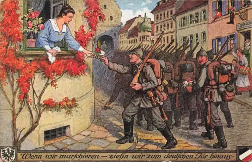 AK 1.WK Marschierende deutsche Soldaten Abschied Frau am Fenster 1918 Patriotika