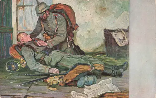 AK 1.WK Kameradschaft Verwundeter Soldat Versorgung Patriotika Postkarte