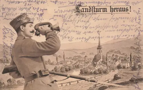 AK 1.WK Landsturm heraus! Soldat Signalhorn Trompeter 1915 Patriotika Postkarte