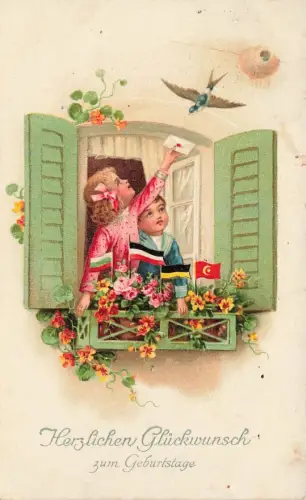 AK Geburtstag Herzlichen Glückwunsch Kinder am Fenster Taube Brief 1917
