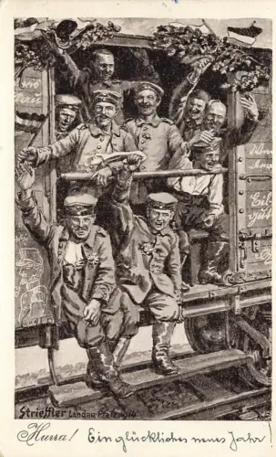 AK 1.WK Neujahr Soldaten im Zug Hurra ein Glückliches neues Jahr 1914 Patriotika
