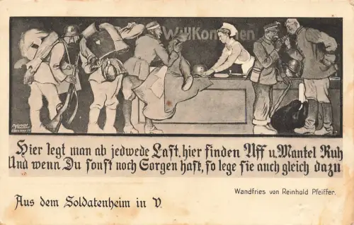 AK 1.WK Soldatenheim Illustration Alltag Rheinhold Pfeiffer 1918 Patriotika