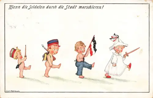 AK 1.WK Kinder Soldaten marschieren Gewehr Fahne 1915 Patriotika Postkarte