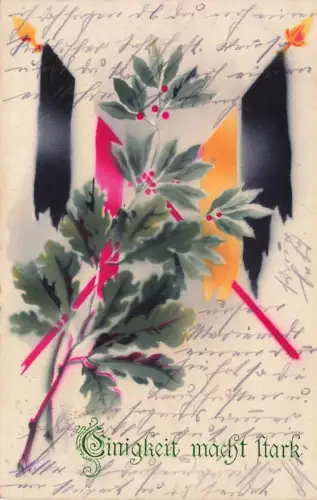 AK 1.WK Einigkeit macht Stark Flagge Reichsfarben 1916 gelaufen Patriotika