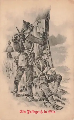 AK 1.WK Ein Feldgruß in Eile Soldaten Frontbrief Patriotika Postkarte