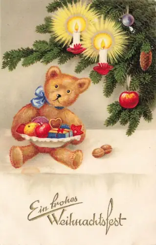 AK Weihnachten Ein frohes Weihnachtsfest Teddybär Kerzen Tanne Obst geprägt