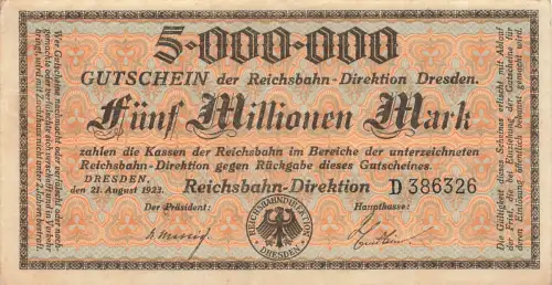 5 Millionen Mark 21.8.923 Reichsbahn Dresden
