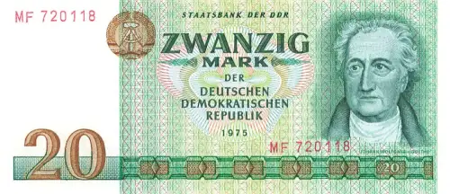 DDR Banknote 20 Mark 1975 Wolfgang von Goethe Ro: 362a KASSENFRISCH