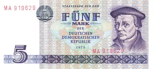 DDR Banknote 5 Mark 1975 Thomas Müntzer Ro: 361 KASSENFRISCH / UNC