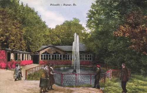 AK Siegmar b. Chemnitz Pelzmühle Springbrunnen Sachsen gelaufen Postkarte Litho