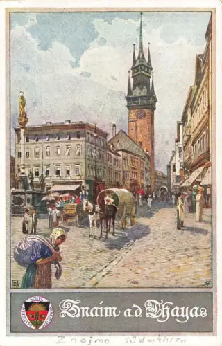 AK Znaim Znojo Marktplatz Pferdewagen Rathaus Südmähren ungelaufen Postkarte