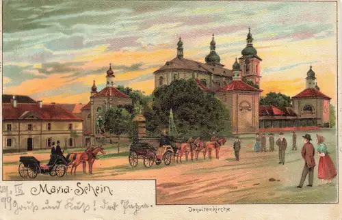AK Mariaschein Jesuitenkirche Pferdekutsche Böhmen 1899 gelaufen Postkarte