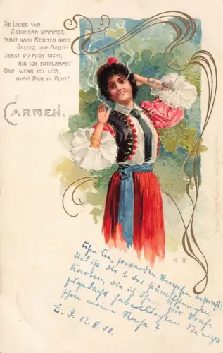 AK Künstlerkarte Carmen Bizet Oper Frau raucht Tracht 1900 gelaufen Postkarte