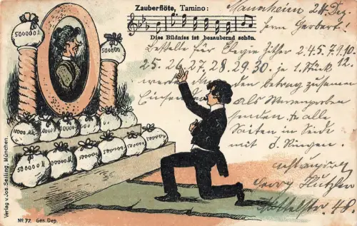 AK Zauberflöte Tamino Portrait Pamima Geldsäcke Mozart 1906 gelaufen Postkarte